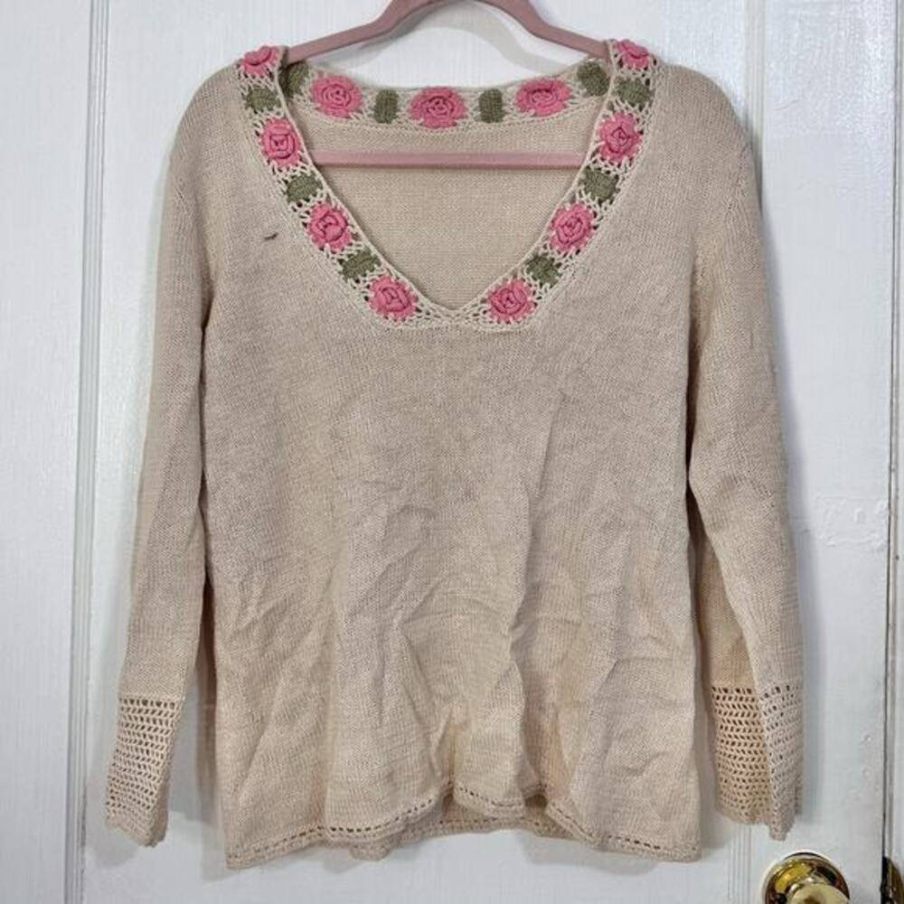 Vintage Women’s Knit V-Neck Sweater Roses Size‎ Medium Linen Cotton